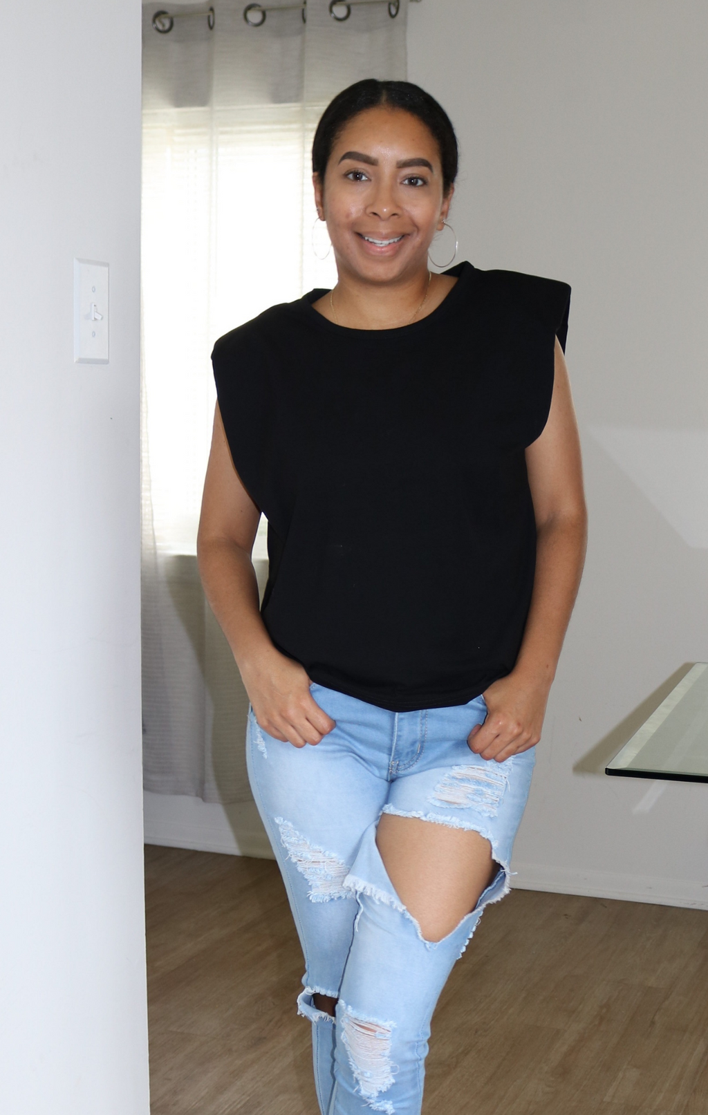 Nora Shoulder Pad Top - Black